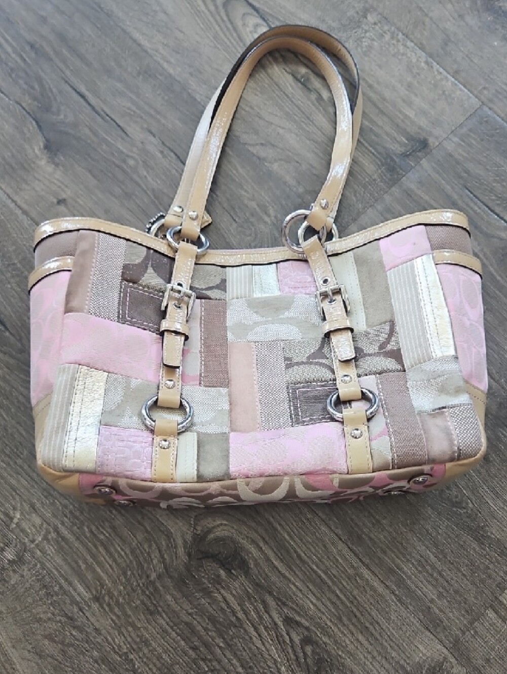 Coach Patchwork Tote in Pink and Tan with Leather Trim - Picture 3 of 6